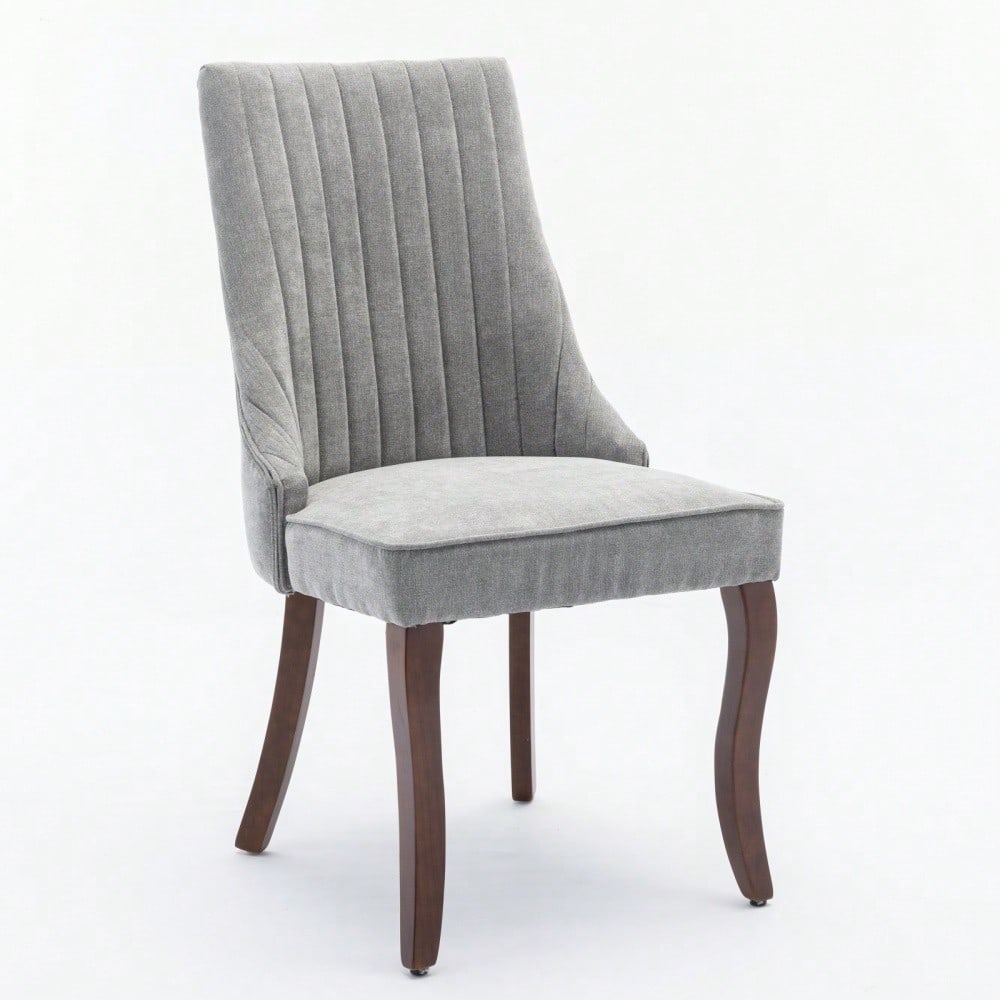 Rayon Cloth Flocking Linen Dining Chairs Channel Kitchen Dinner Chair Comfy Fabric Upholstered Accent Chair for Dining Room with Curved Solid Wood Legs,Set of 2 (Gray), DE1847GY