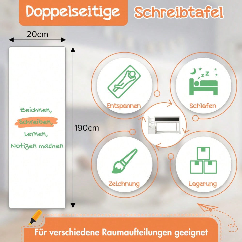 (=AB20272526W)Kinderbett Hochbett mit Whiteboard&Tafel,Speicherung und Rausfallschutz 90 x 200 cm, Weiss Hochbett für Kinder– Lattenrost- Weiß(Ohne Matratze)