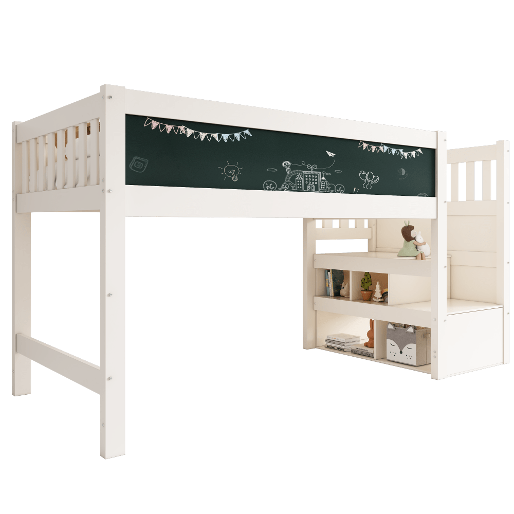 (=AB20272526W)Kinderbett Hochbett mit Whiteboard&Tafel,Speicherung und Rausfallschutz 90 x 200 cm, Weiss Hochbett für Kinder– Lattenrost- Weiß(Ohne Matratze)