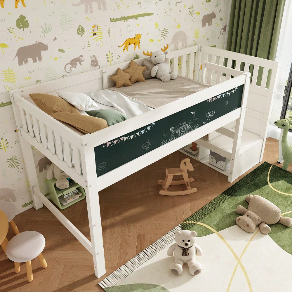 (=AB20272526W)Kinderbett Hochbett mit Whiteboard&Tafel,Speicherung und Rausfallschutz 90 x 200 cm, Weiss Hochbett für Kinder– Lattenrost- Weiß(Ohne Matratze)