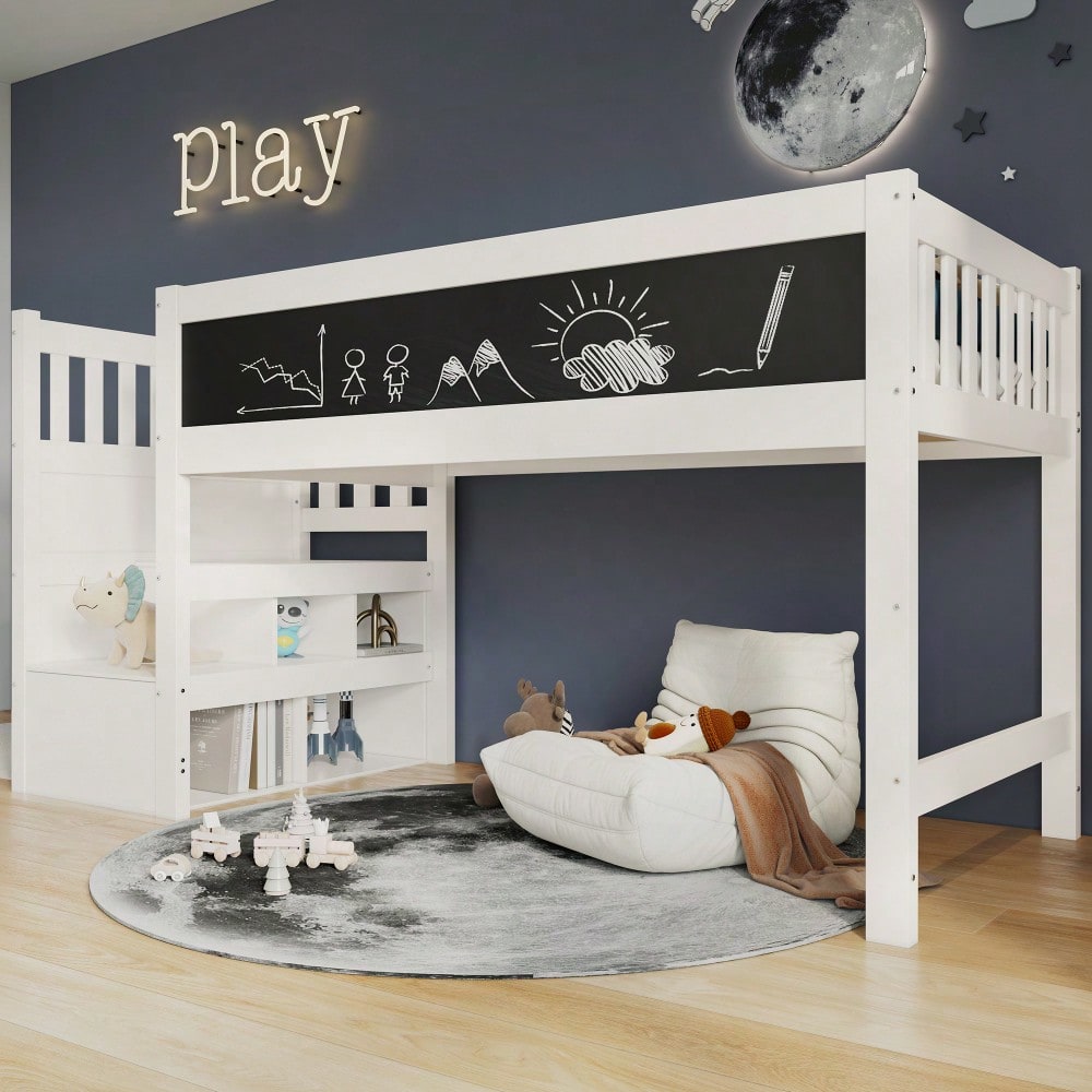 (=AB20272526W)Kinderbett Hochbett mit Whiteboard&Tafel,Speicherung und Rausfallschutz 90 x 200 cm, Weiss Hochbett für Kinder– Lattenrost- Weiß(Ohne Matratze)