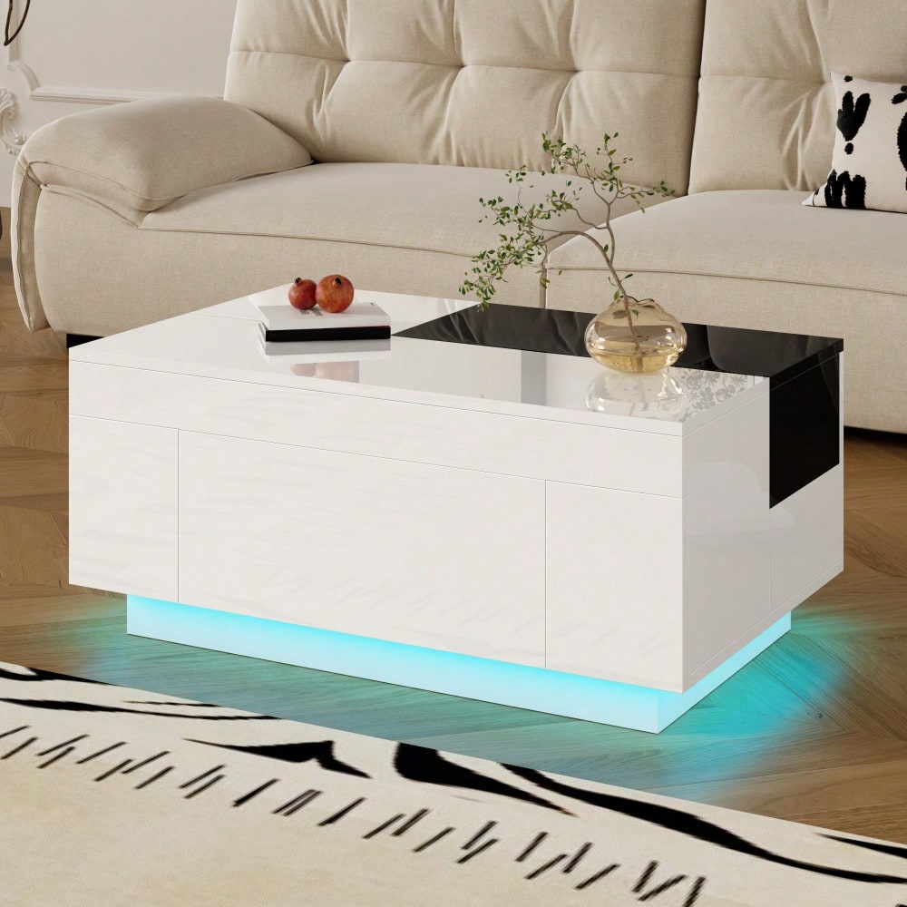 Hochglanz-Couchtisch mit LED-Beleuchtung, ausziehbarer schwarz-weißer Tischplatte, verstecktem Stauraum und 16-farbig einstellbarem Lichtband – die ideale Wahl für ein stilvolles Wohnzimmer