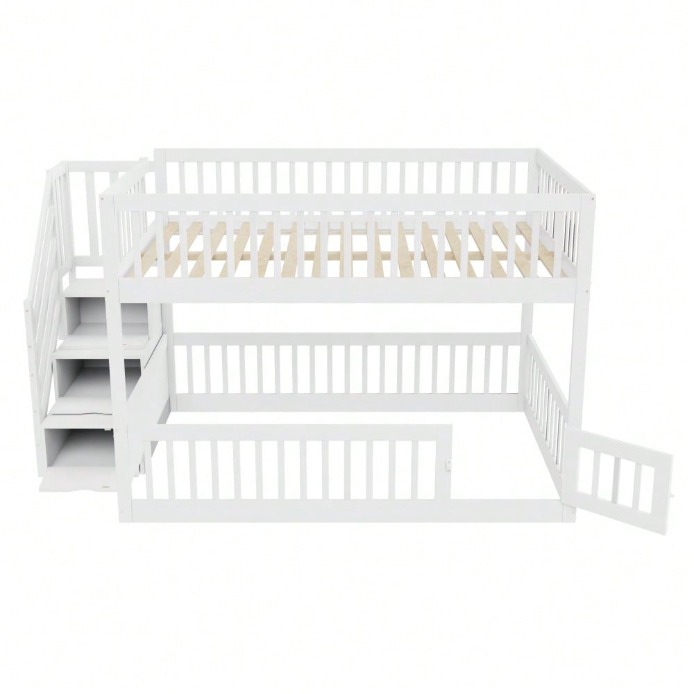 Etagenbett 140 x200 Kinderbett mit Sicherheitstreppe und Schubladen, weißes Holzeinzelbett mit Stauraumbett für Kinder, Jugendliche