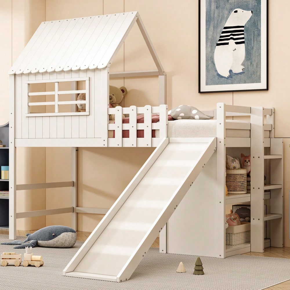 Kinderbett 90 x 200 cm Dachboden-Design mit Sicherheitsleiter und Sicherheitsrutsche, mehrstöckige Ablagefächer Multifunktionsbett Massivholzbett Einzelbett Hochbett Weiß