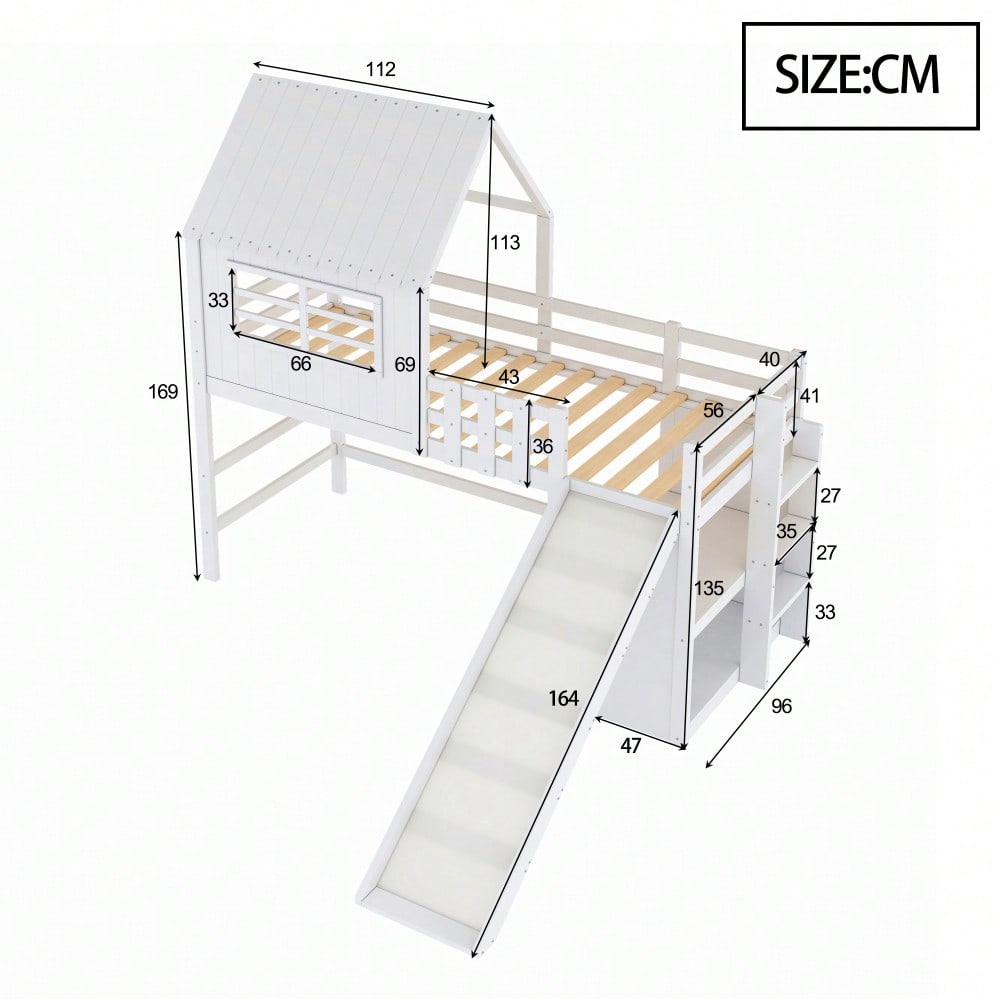 Kinderbett 90 x 200 cm Dachboden-Design mit Sicherheitsleiter und Sicherheitsrutsche, mehrstöckige Ablagefächer Multifunktionsbett Massivholzbett Einzelbett Hochbett Weiß
