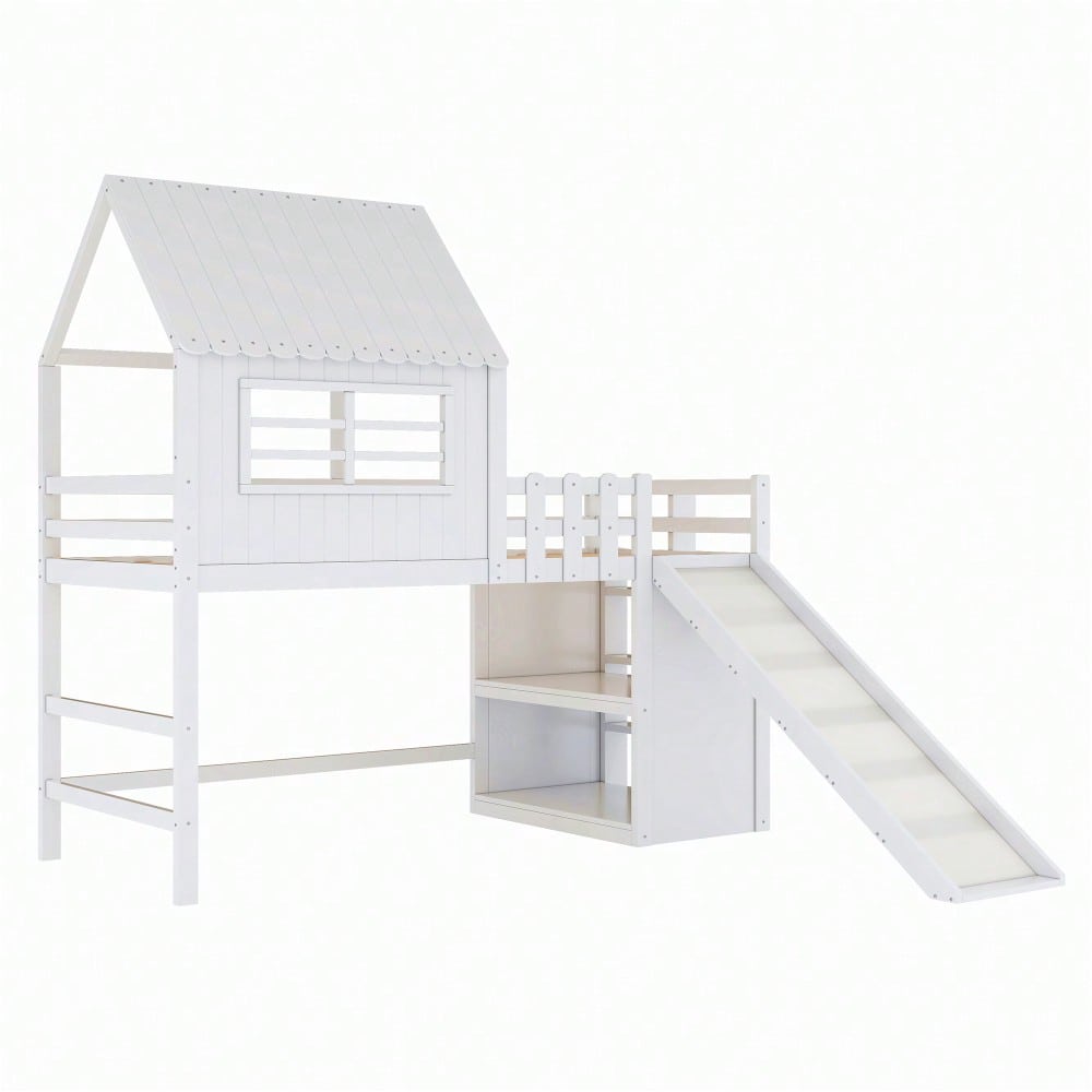 Kinderbett 90 x 200 cm Dachboden-Design mit Sicherheitsleiter und Sicherheitsrutsche, mehrstöckige Ablagefächer Multifunktionsbett Massivholzbett Einzelbett Hochbett Weiß
