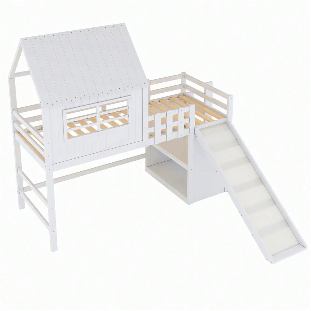 Kinderbett 90 x 200 cm Dachboden-Design mit Sicherheitsleiter und Sicherheitsrutsche, mehrstöckige Ablagefächer Multifunktionsbett Massivholzbett Einzelbett Hochbett Weiß