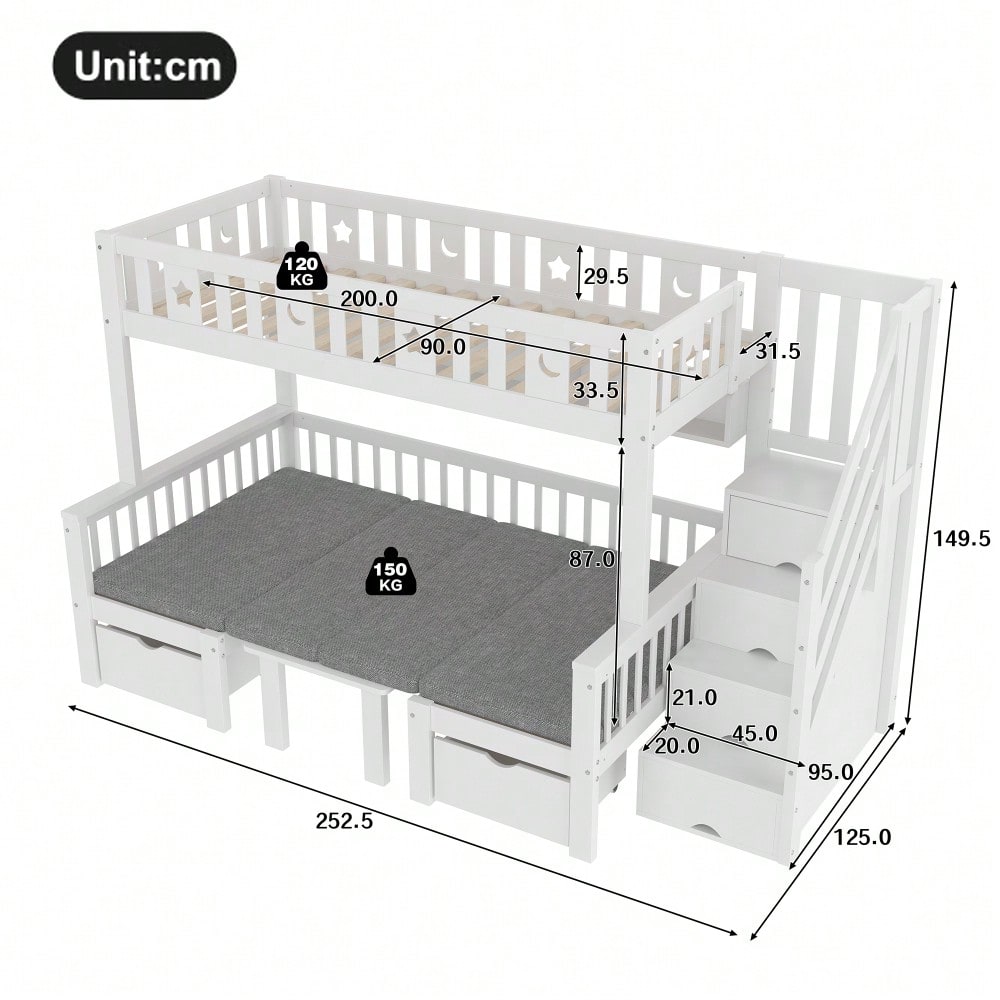 Multifunktionales Hochbett, 90x200cm, 2-in-1-Bett und Schreibtisch, Stauraumleiter, Dekorativer Zaun mit Sternen und Mond, Weiß