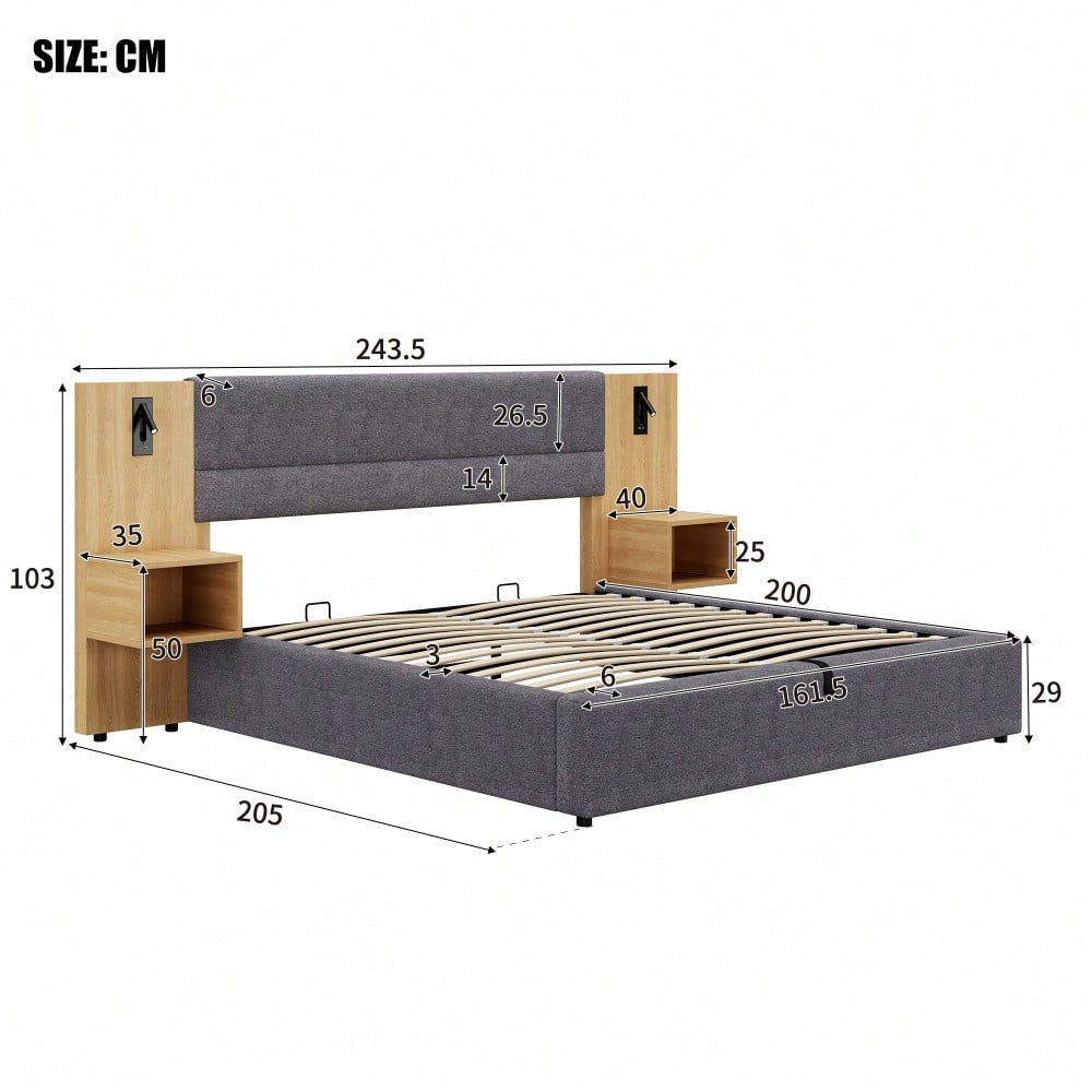 Polsterbett 160 x 200 cm, hydraulisches Breitohrbett mit USB-Anschluss, mit Beleuchtung, inklusive zwei Nachttischen mit Stauraum, Holzlattenrost, einfacher Aufbau, Samt, Grau + Natur