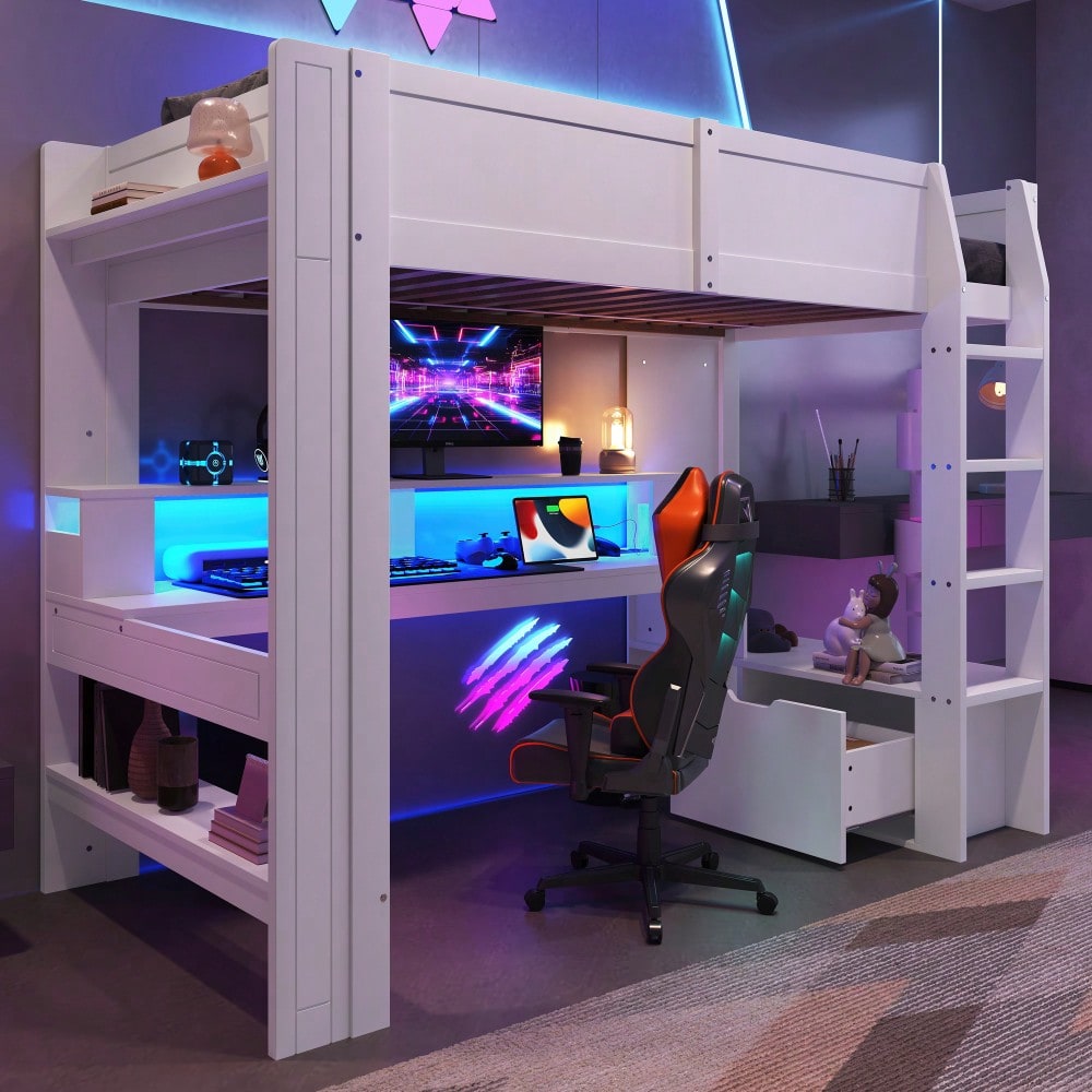 Hochbett,90*200cm ,Gaming Bett mit Schreibtisch, Mit LED-Leuchten, Schreibtisch,Schublade, Regale, ohne Matratze, Weiß