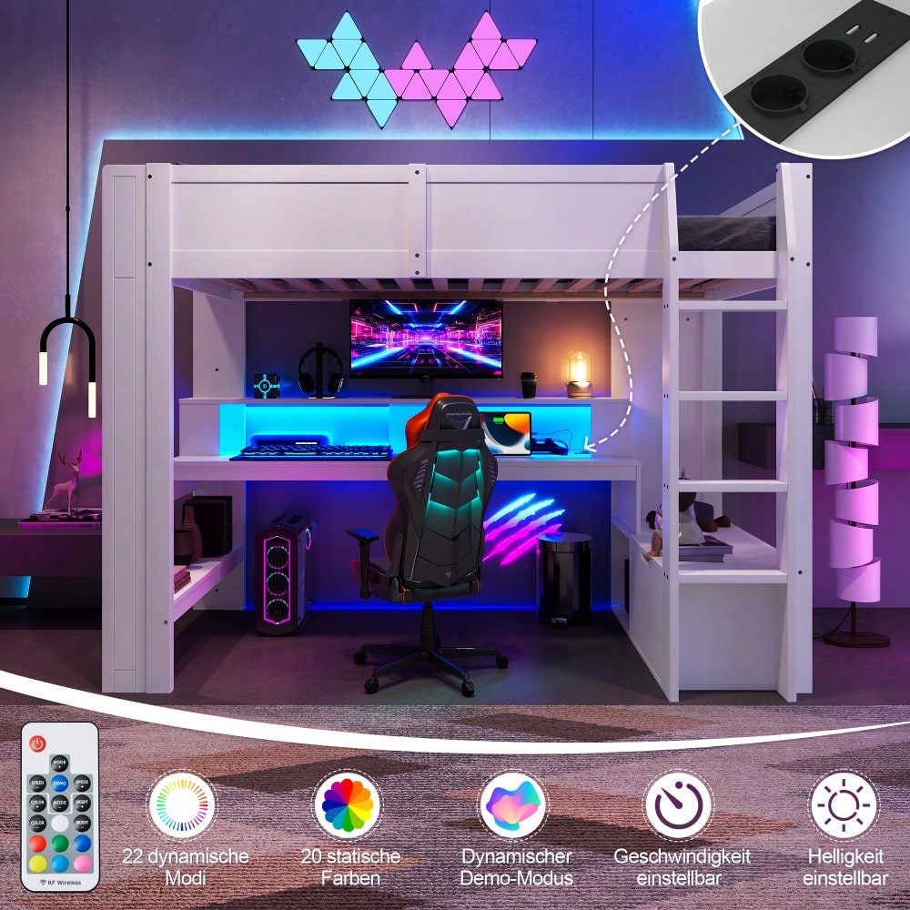 Hochbett,90*200cm ,Gaming Bett mit Schreibtisch, Mit LED-Leuchten, Schreibtisch,Schublade, Regale, ohne Matratze, Weiß