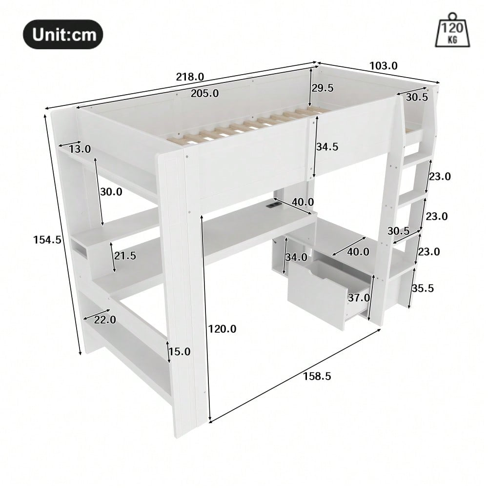 Hochbett,90*200cm ,Gaming Bett mit Schreibtisch, Mit LED-Leuchten, Schreibtisch,Schublade, Regale, ohne Matratze, Weiß