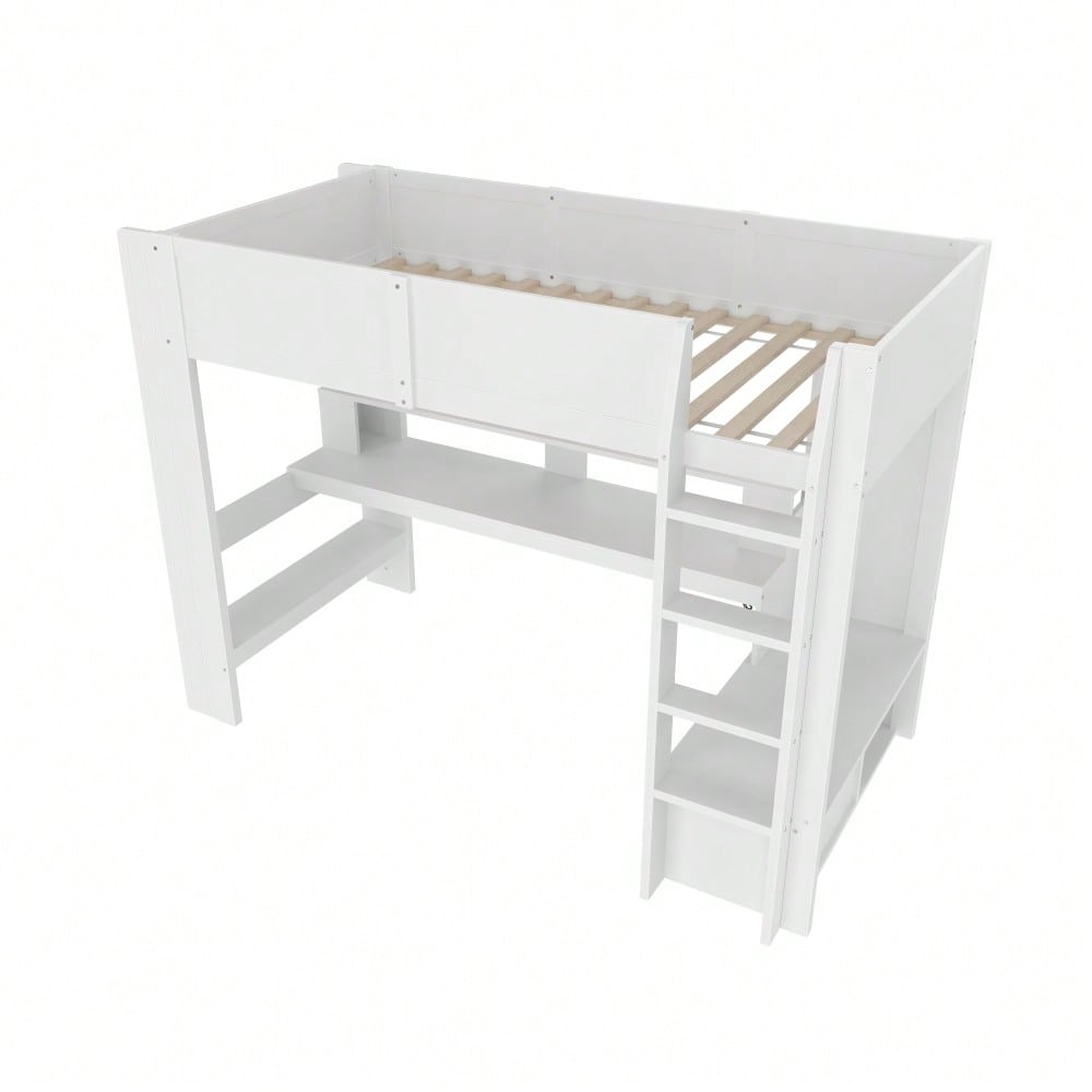Hochbett,90*200cm ,Gaming Bett mit Schreibtisch, Mit LED-Leuchten, Schreibtisch,Schublade, Regale, ohne Matratze, Weiß