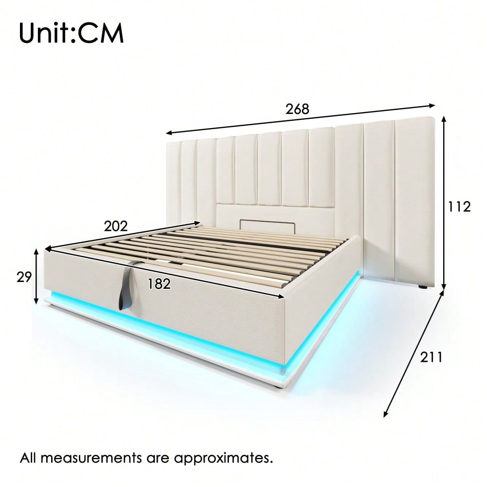Polsterbett 180×200, Doppelbett Stauraumbett mit App Control LED und USB-C Ladefunktion, Bettgestell mit Lattenrost, PU, Weiß, Ohne Nachttisch (Mit Matratze)