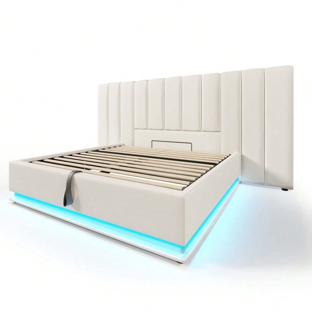 Polsterbett 180×200, Doppelbett Stauraumbett mit App Control LED und USB-C Ladefunktion, Bettgestell mit Lattenrost, PU, Weiß, Ohne Nachttisch (Mit Matratze)
