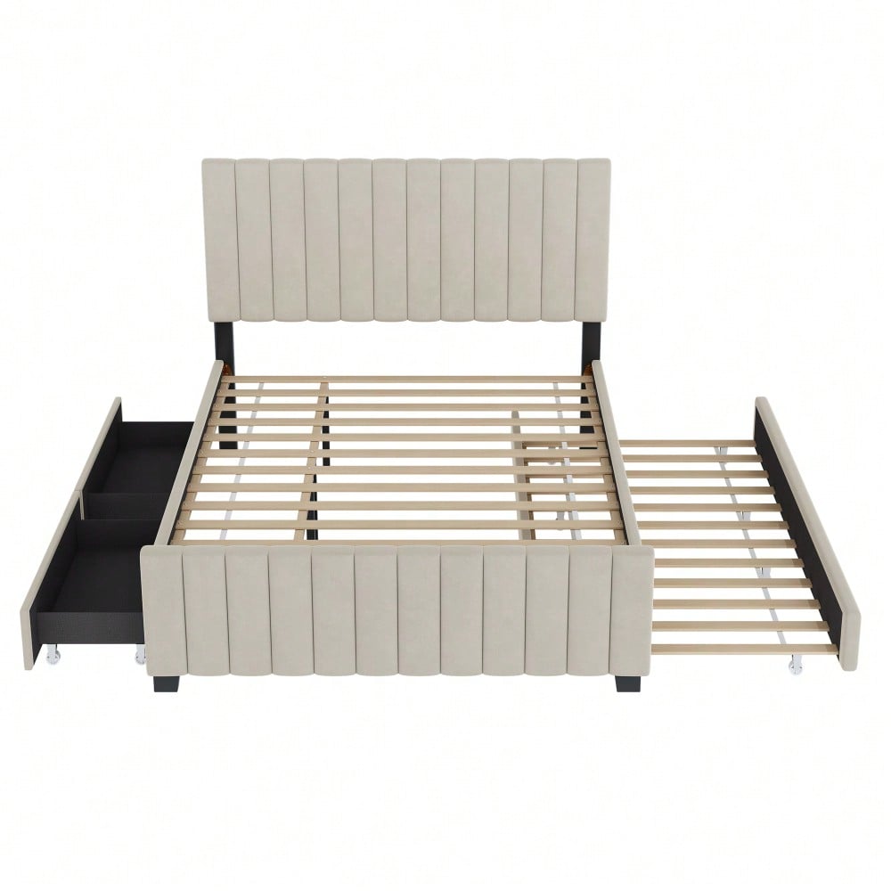 Polsterbett 140 x 190 cm mit Ausziehbett,mit zwei Schubladen ,flaches Doppelbett in hautfreundlichem Samtstoff Kinderbett Jugendbett Gästebett ,Beige(ohne Matratze)
