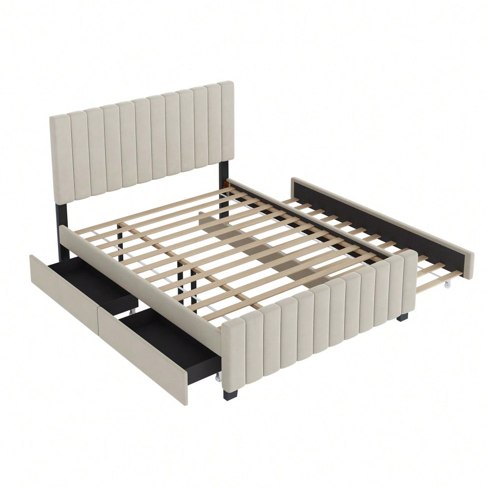 Polsterbett 140 x 190 cm mit Ausziehbett,mit zwei Schubladen ,flaches Doppelbett in hautfreundlichem Samtstoff Kinderbett Jugendbett Gästebett ,Beige(ohne Matratze)
