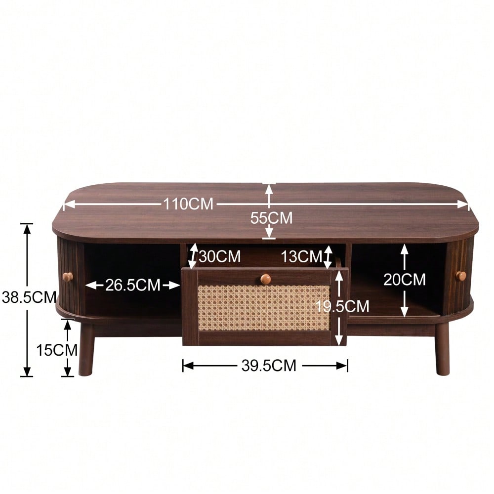Couchtisch - Rattan-Kaffeetisch, Schubladen mit Rattan und Schiebetüren mit Massivholzlatten, Massivholzbeine, Natürlicher Landhausstil.