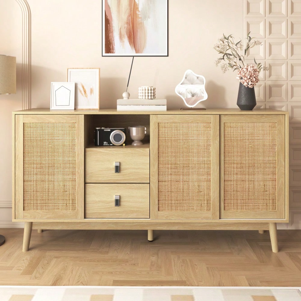 Sideboard mit 3 Schiebetüren aus echtem Rattan und 2 Schubladen, 155x38x80 cm, atmungsaktiv, stabil und vielseitig