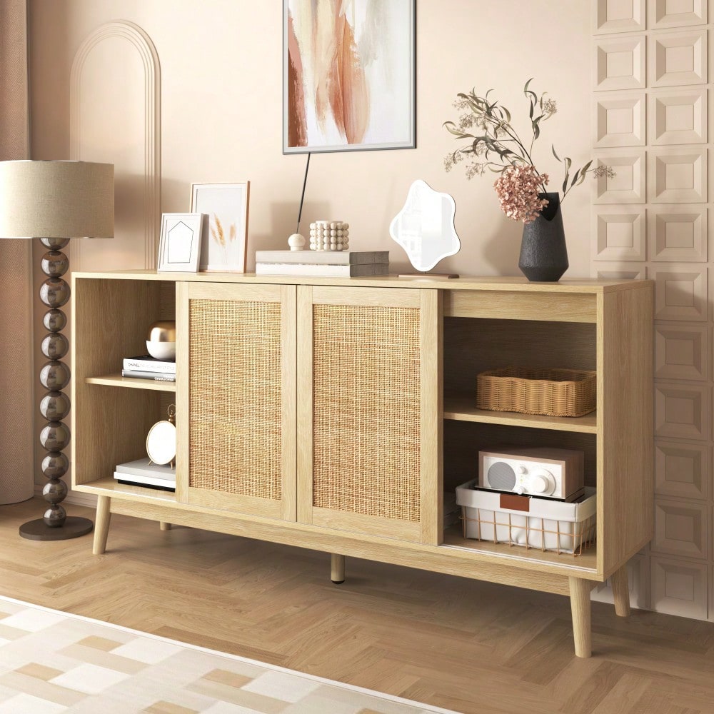 Sideboard mit 3 Schiebetüren aus echtem Rattan und 2 Schubladen, 155x38x80 cm, atmungsaktiv, stabil und vielseitig