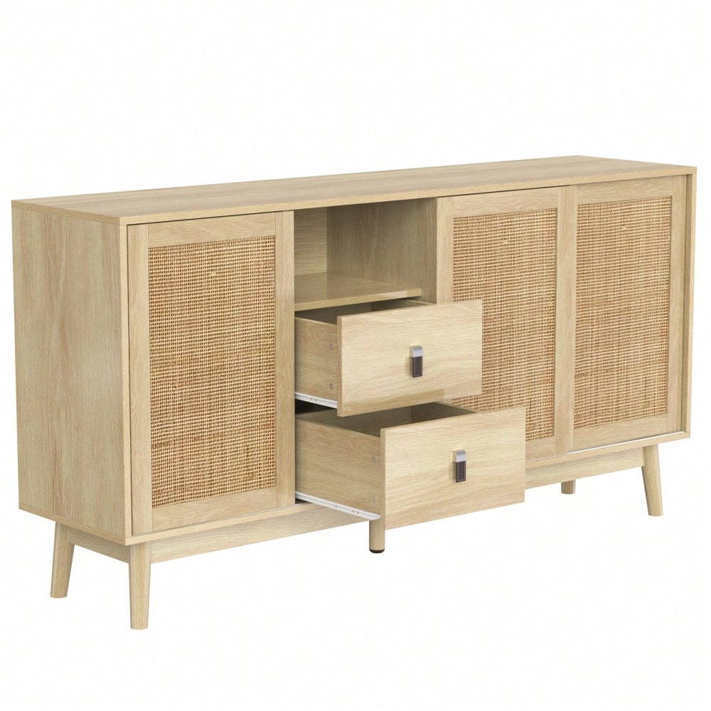 Sideboard mit 3 Schiebetüren aus echtem Rattan und 2 Schubladen, 155x38x80 cm, atmungsaktiv, stabil und vielseitig