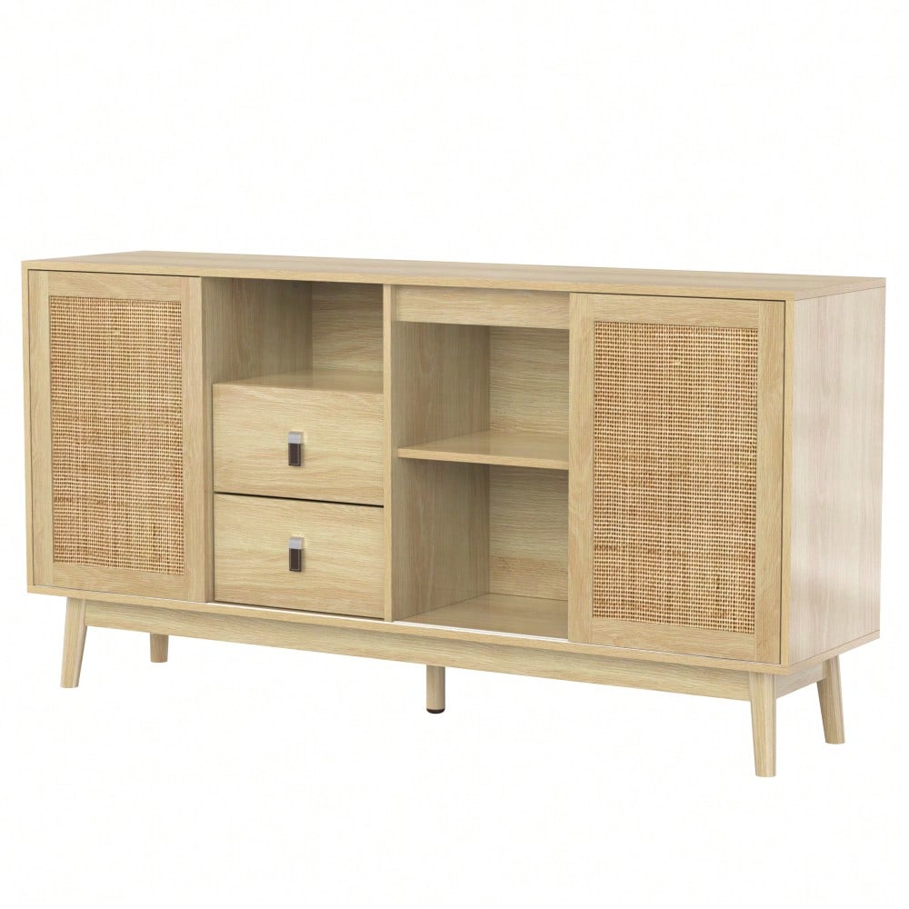 Sideboard mit 3 Schiebetüren aus echtem Rattan und 2 Schubladen, 155x38x80 cm, atmungsaktiv, stabil und vielseitig