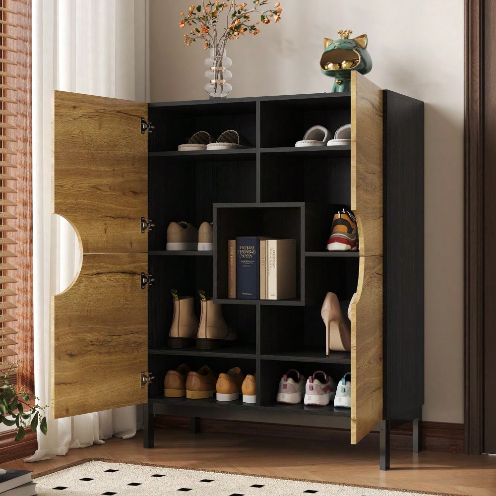 Schuhschrank und Vitrine 2 in 1 mit verstellbaren Einlegeböden, Massivholzbeinen, Eingangsmöbel 90*40*120cm Schuhschrank 40 cm breit, großer Stauraum|Ideal für große Schuhgrößen