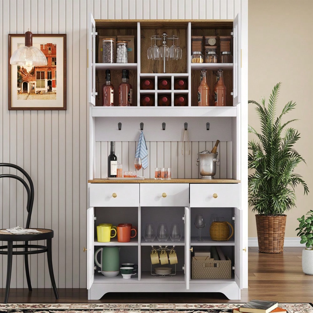 Sideboard, Hochschrank in weißer Holzmaserung, 94,5 x 30 x 175,5 cm, für Wohn- und Esszimmer
