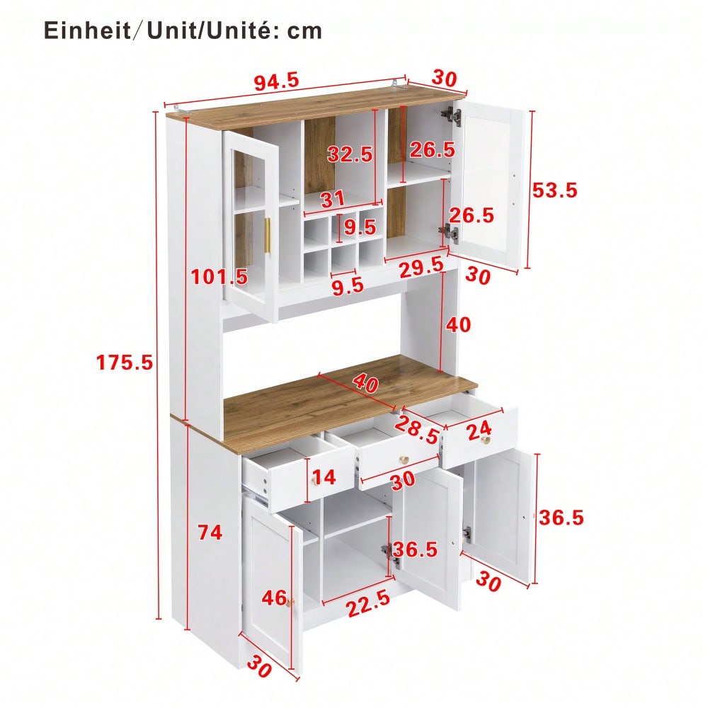 Sideboard, Hochschrank in weißer Holzmaserung, 94,5 x 30 x 175,5 cm, für Wohn- und Esszimmer
