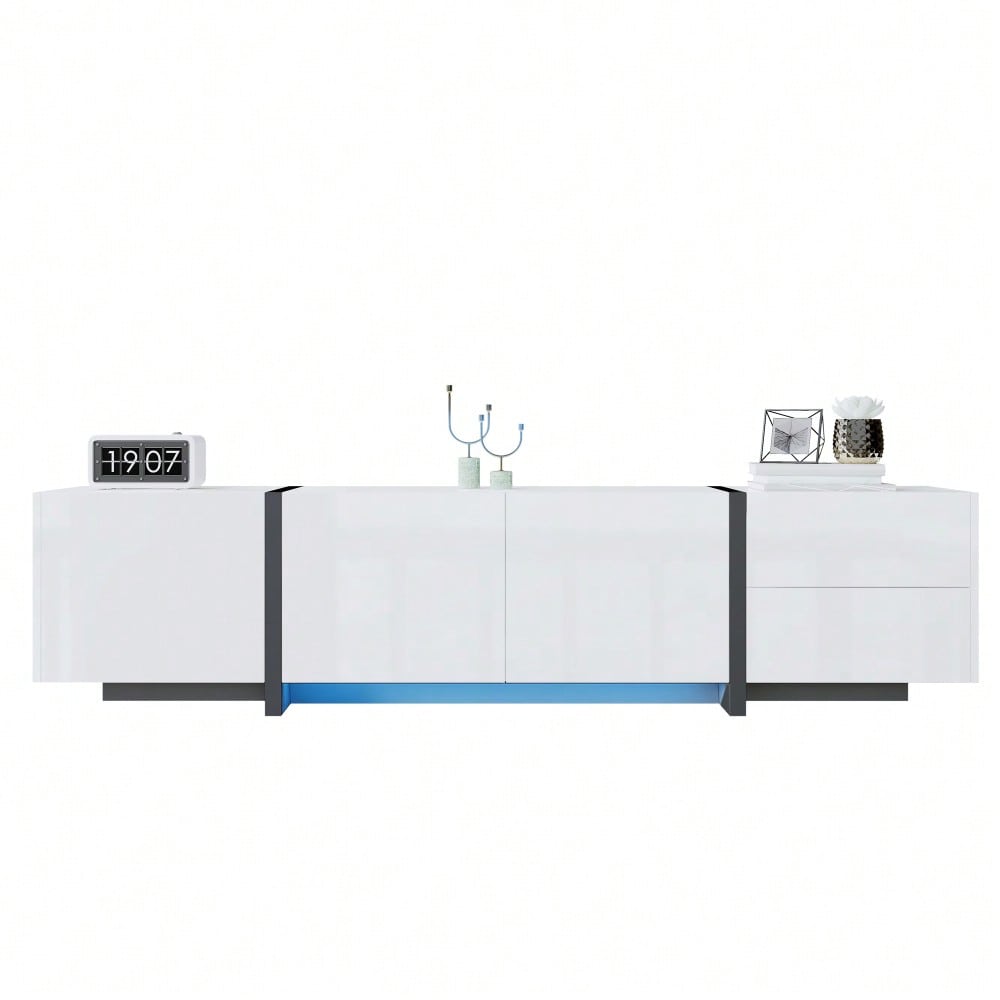 TV-Schrank, Lowboard, weißer Hochglanzschrank und schwarz abgesetzte Tischbeine, mit schlichten Schranktüren und Schubladen.