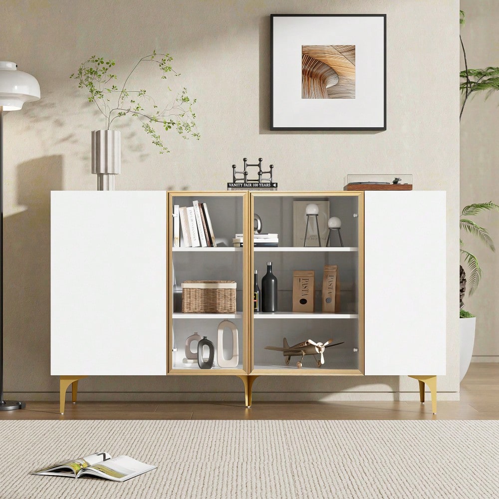 Elegantes 4-Tür Sideboard Weiß mit Glas & Metall, Modernes Design, Grifflos, Viel Stauraum, Sideboard Wohnzimmer Esszimmer Kommode Schrank Hochwertig