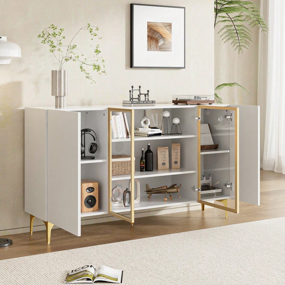 Elegantes 4-Tür Sideboard Weiß mit Glas & Metall, Modernes Design, Grifflos, Viel Stauraum, Sideboard Wohnzimmer Esszimmer Kommode Schrank Hochwertig