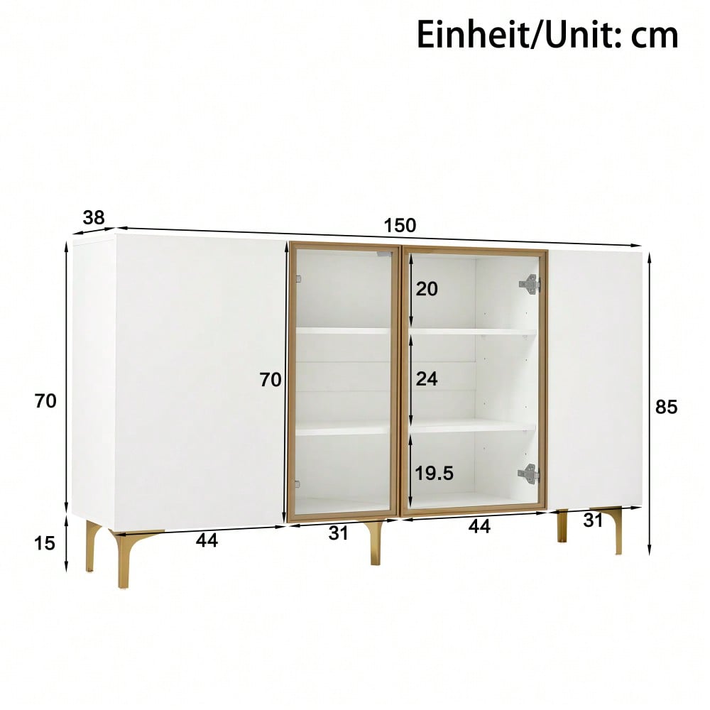 Elegantes 4-Tür Sideboard Weiß mit Glas & Metall, Modernes Design, Grifflos, Viel Stauraum, Sideboard Wohnzimmer Esszimmer Kommode Schrank Hochwertig