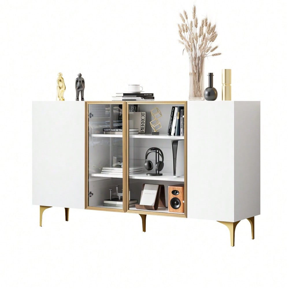 Elegantes 4-Tür Sideboard Weiß mit Glas & Metall, Modernes Design, Grifflos, Viel Stauraum, Sideboard Wohnzimmer Esszimmer Kommode Schrank Hochwertig