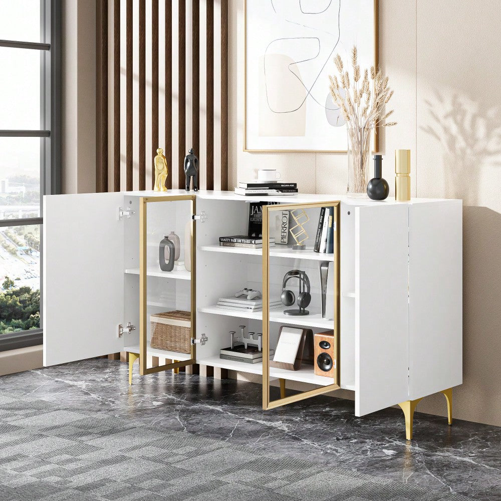 Elegantes 4-Tür Sideboard Weiß mit Glas & Metall, Modernes Design, Grifflos, Viel Stauraum, Sideboard Wohnzimmer Esszimmer Kommode Schrank Hochwertig
