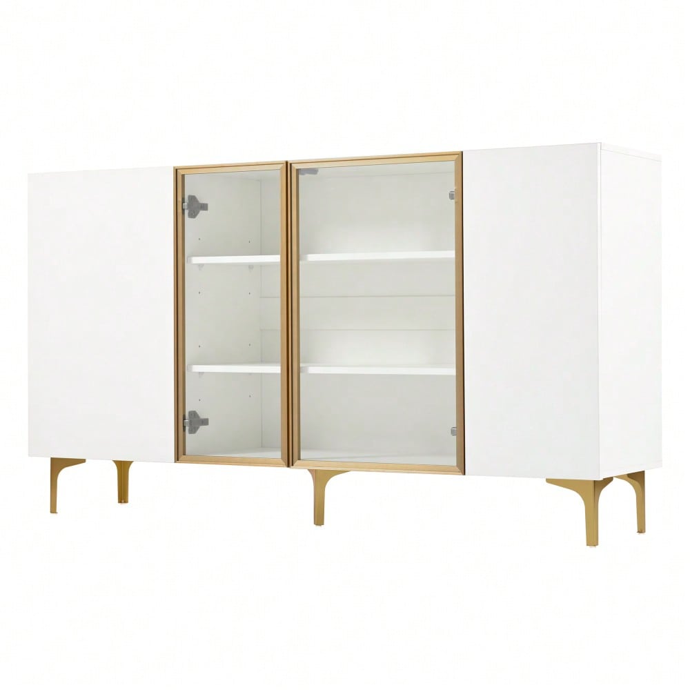 Elegantes 4-Tür Sideboard Weiß mit Glas & Metall, Modernes Design, Grifflos, Viel Stauraum, Sideboard Wohnzimmer Esszimmer Kommode Schrank Hochwertig