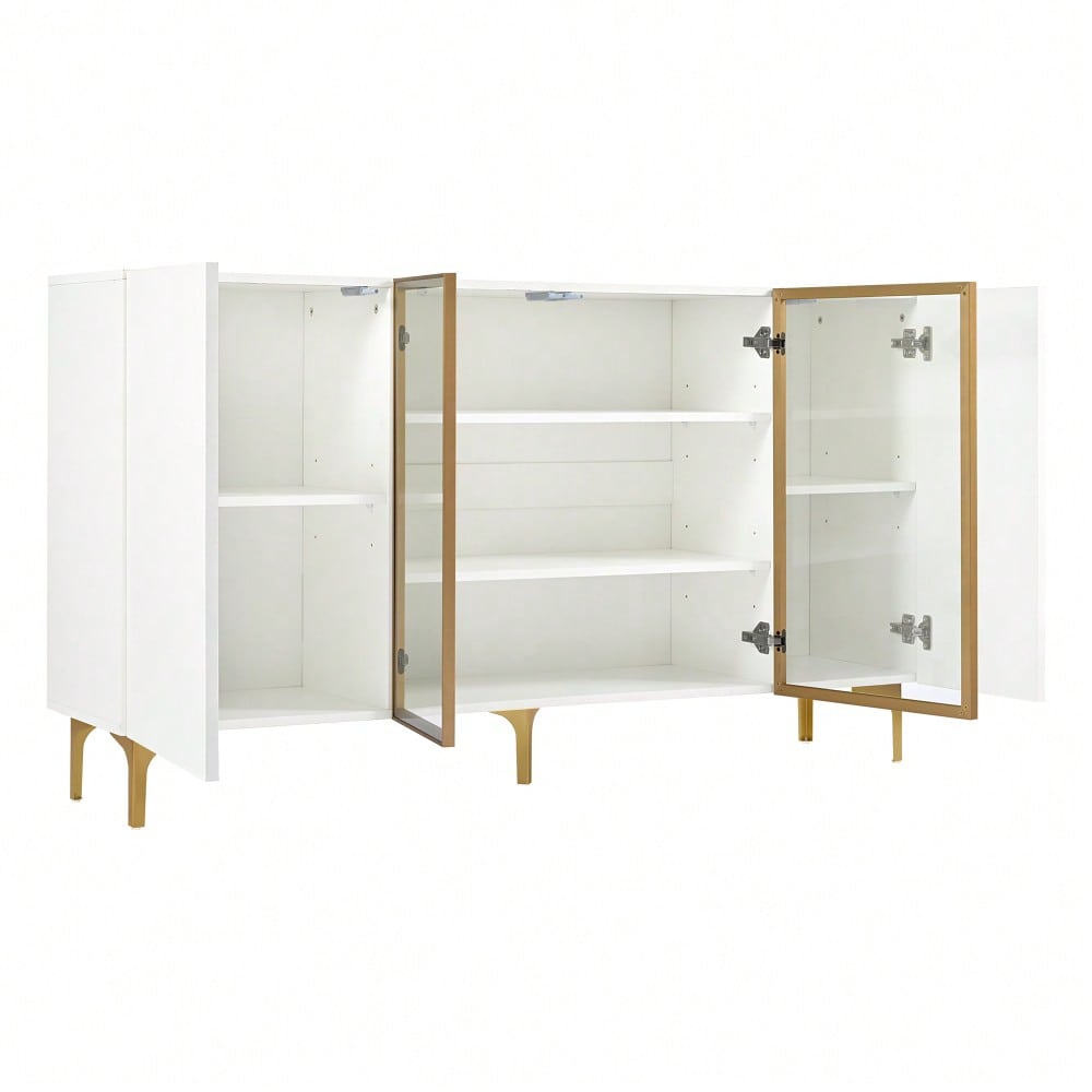 Elegantes 4-Tür Sideboard Weiß mit Glas & Metall, Modernes Design, Grifflos, Viel Stauraum, Sideboard Wohnzimmer Esszimmer Kommode Schrank Hochwertig