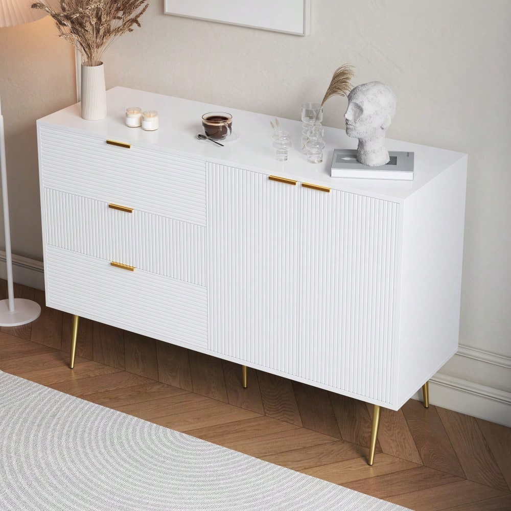 Sideboard, Wohnzimmerschrank mit Türen und Schubladen, Innenregalen, Kommode mit goldenen Griffen und Beinen