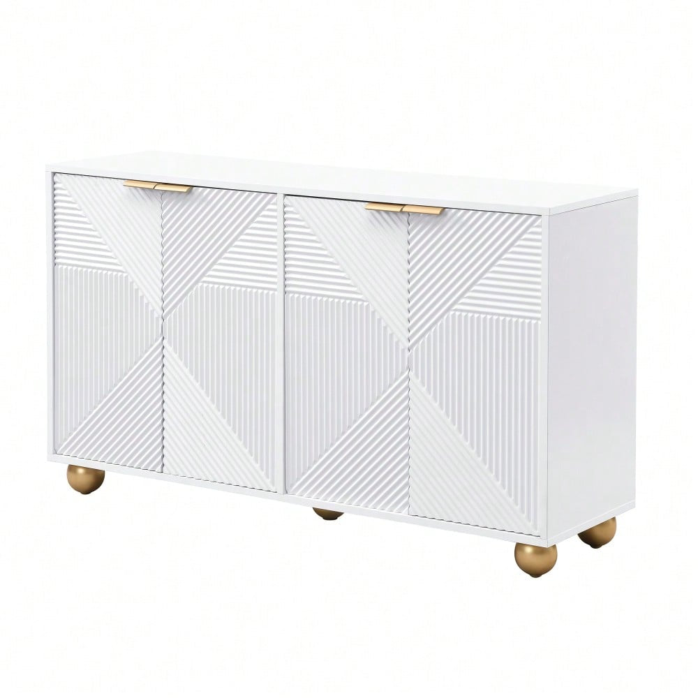 Sideboard mit vier geformten Türen, verstellbaren Innenböden, Metallgriffen und kugelförmigen Beinen