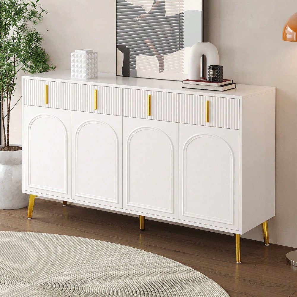 Sideboard mit goldenen Griffen und Beinen, 4 Türen, 4 Schubladen, mit herausnehmbarem Laminat, geeignet für Wohn- und Esszimmer, 140*37,8*82 cm.