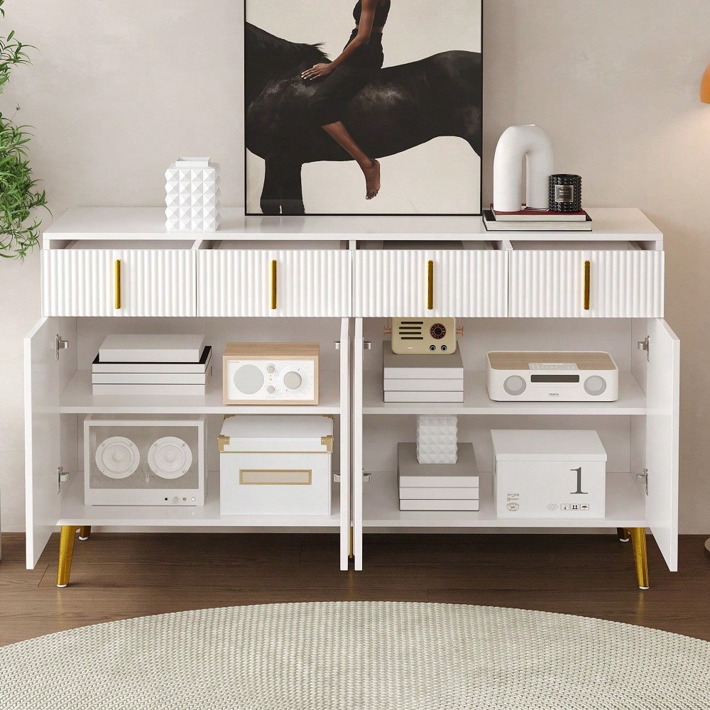 Sideboard mit goldenen Griffen und Beinen, 4 Türen, 4 Schubladen, mit herausnehmbarem Laminat, geeignet für Wohn- und Esszimmer, 140*37,8*82 cm.