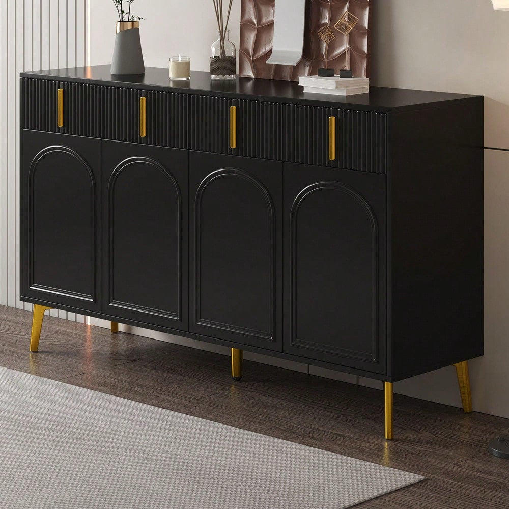 Sideboard mit goldenen Griffen und Beinen, 4 Türen, 4 Schubladen, mit herausnehmbarem Laminat, geeignet für Wohn- und Esszimmer, 140*38*82 cm.