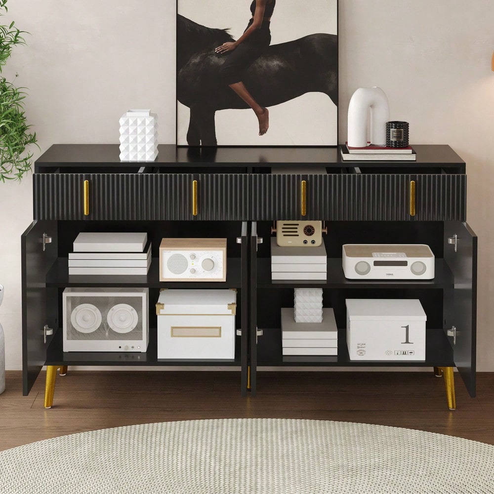 Sideboard mit goldenen Griffen und Beinen, 4 Türen, 4 Schubladen, mit herausnehmbarem Laminat, geeignet für Wohn- und Esszimmer, 140*38*82 cm.