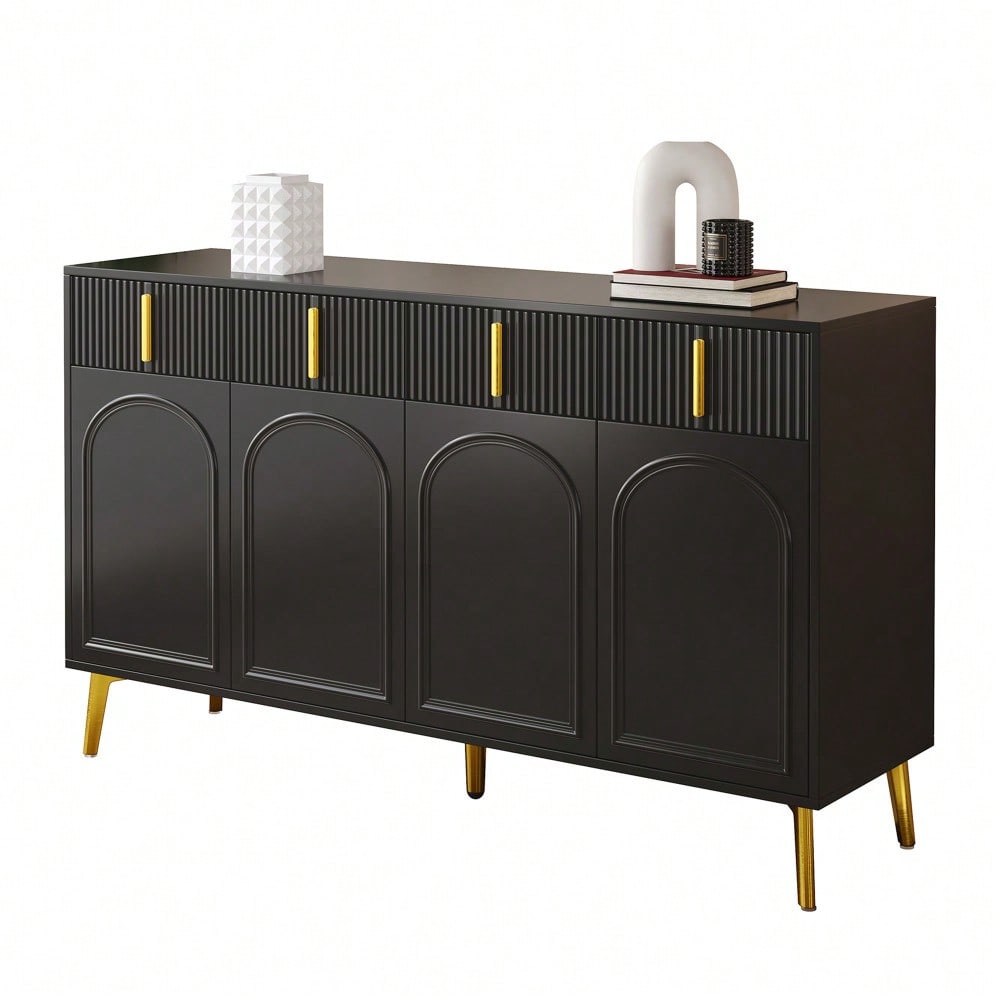 Sideboard mit goldenen Griffen und Beinen, 4 Türen, 4 Schubladen, mit herausnehmbarem Laminat, geeignet für Wohn- und Esszimmer, 140*38*82 cm.