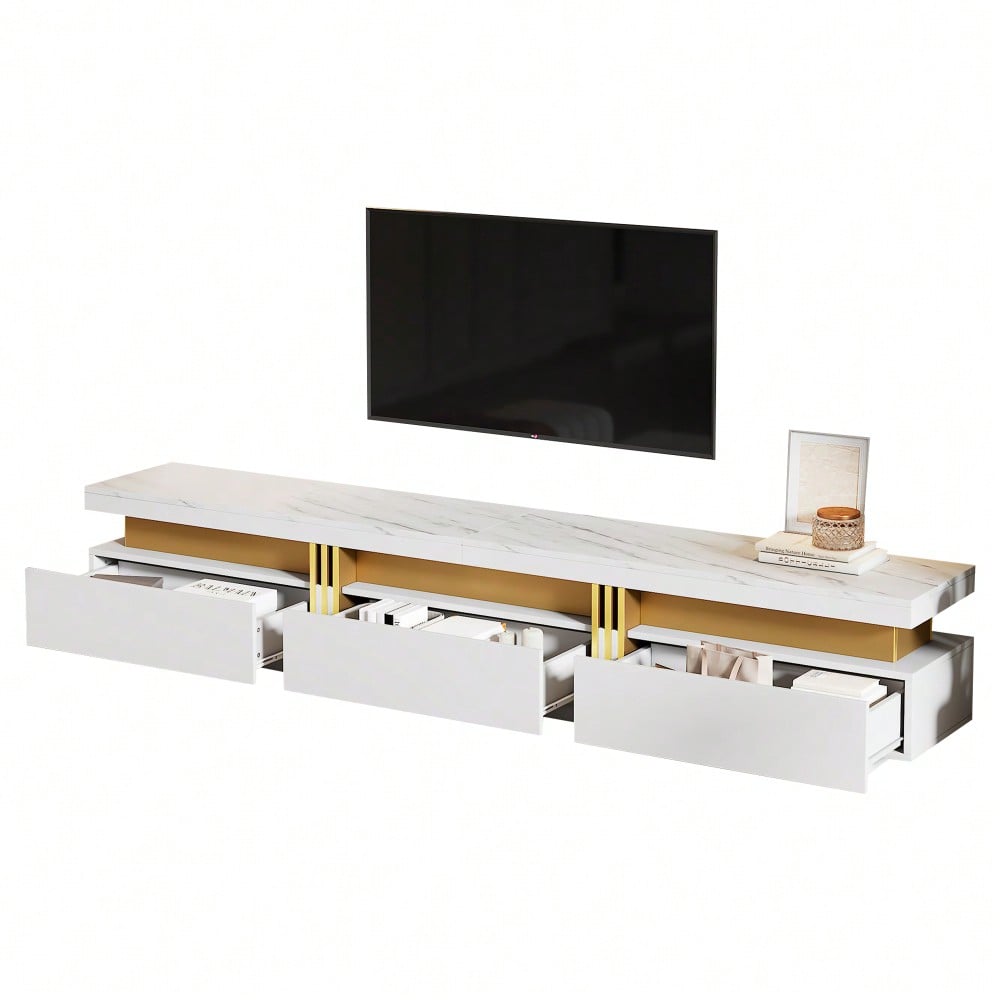 =N625P213324325W Moderner Lowboard TV-Schrank mit Marmor-Optik, TV-Board, TV-Kommode, 200 x 40 x 42 cm – Für Fernseher bis 90 Zoll, Drei Schubladen und 1 Kabelmanagement