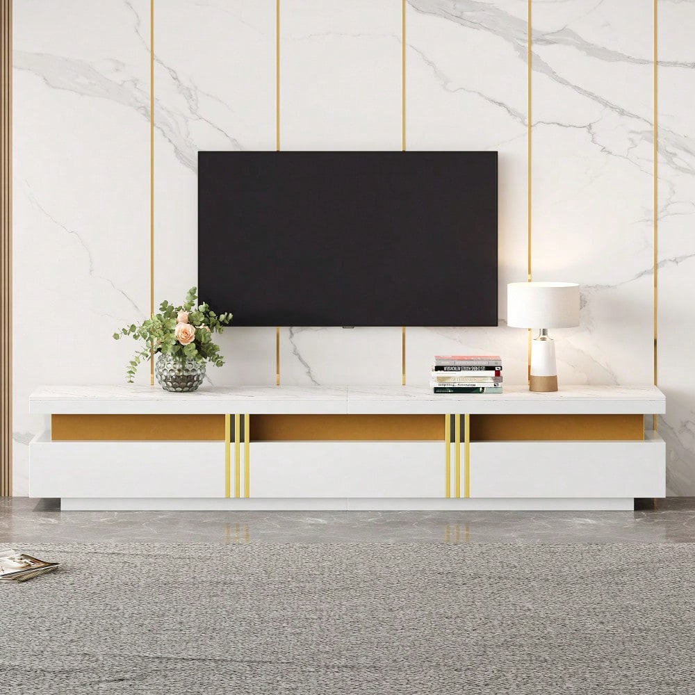 =N625P213324325W Moderner Lowboard TV-Schrank mit Marmor-Optik, TV-Board, TV-Kommode, 200 x 40 x 42 cm – Für Fernseher bis 90 Zoll, Drei Schubladen und 1 Kabelmanagement