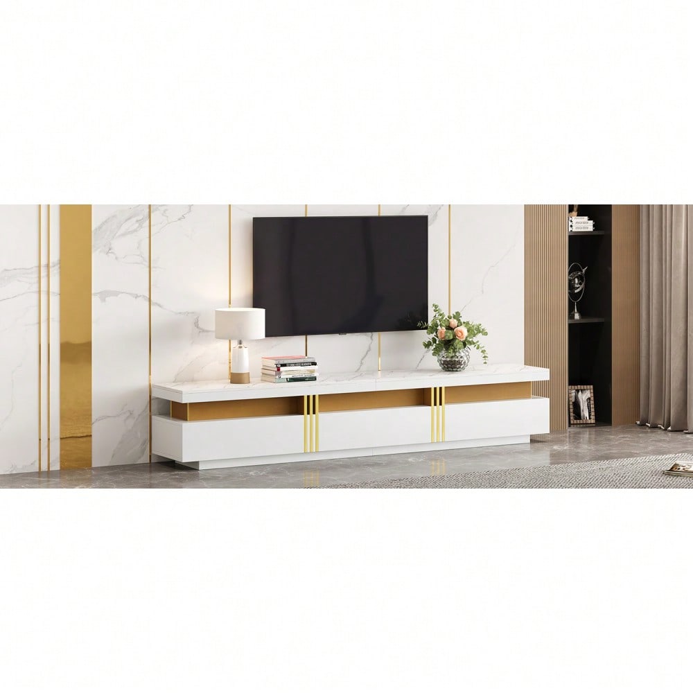 =N625P213324325W Moderner Lowboard TV-Schrank mit Marmor-Optik, TV-Board, TV-Kommode, 200 x 40 x 42 cm – Für Fernseher bis 90 Zoll, Drei Schubladen und 1 Kabelmanagement