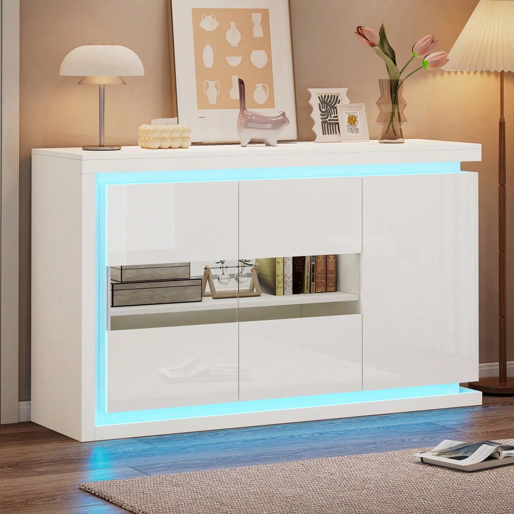 140*40*84cm Wohnzimmerschrank,Moderne Kommode mit 4 Fächern, Breite 140 cm,Beistellschrank mit LED-Lichtleiste,Hochglanz-Sideboard mit Türen aus gehärtetem Glas,Geeignet für Flure, Wohnzimmer, Büros