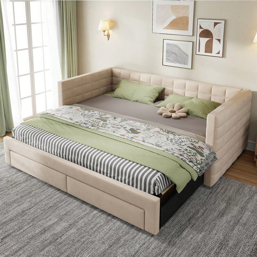 Polsterbett 3-in-1 Ausziehbares Schlafsofa 90 x 190 cm, Multifunktionsbett, mit Schubladen, umbaubar in Einzel-/Doppelbett mit Lattenrost, Baumwolle und Leinen, beige (Matratze nicht enthalten)