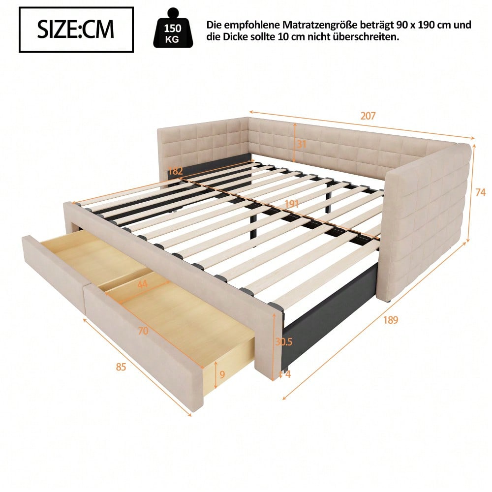 Polsterbett 3-in-1 Ausziehbares Schlafsofa 90 x 190 cm, Multifunktionsbett, mit Schubladen, umbaubar in Einzel-/Doppelbett mit Lattenrost, Baumwolle und Leinen, beige (Matratze nicht enthalten)